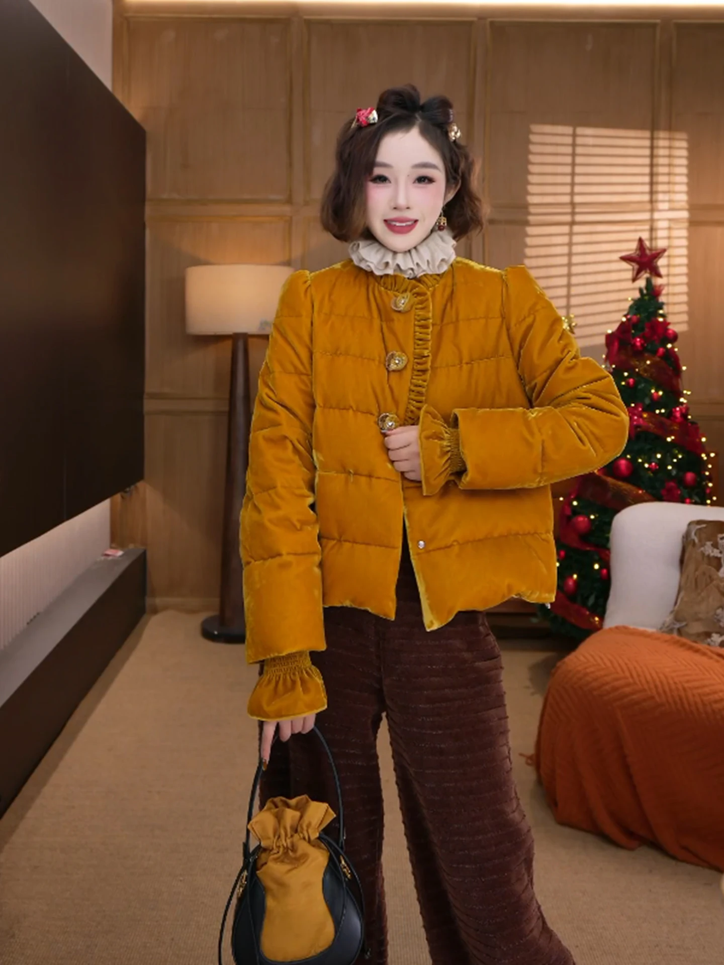 

Yolo Winter Gold Velvet Goose down Jaet 90 White Goose Feather Embroidered Silk Women's Faion Warm Long Sve Coat