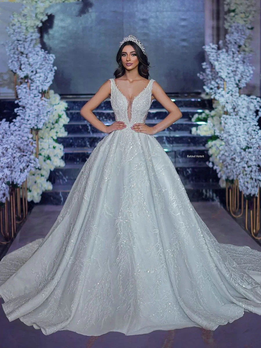 Vestido De Novia con lentejuelas y cuentas, traje con tirantes finos, Espalda descubierta, precioso