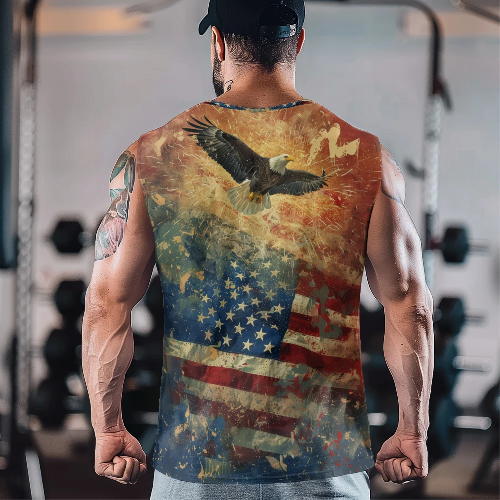 American Flag Flying Condor Fireworks Print Gym Casual Tank Top Sleeveless Thin Train Vest Youth Men's Sports Fitness Vest