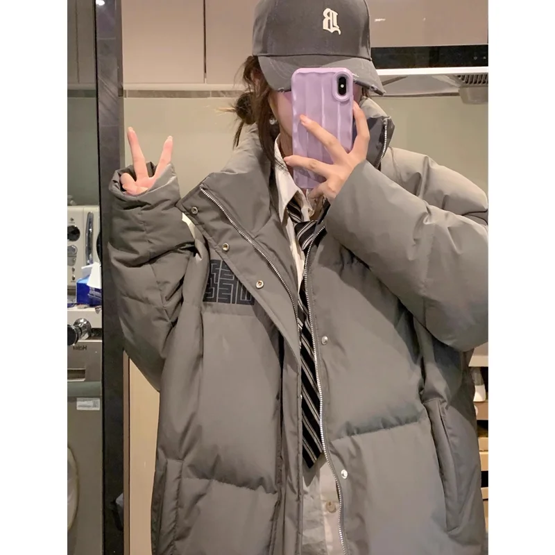 Grey Down Jacket Women Coat Black Hooded Fashion American Streetwear Y2K Style Duck Down Feather Female Winter Short Outwear