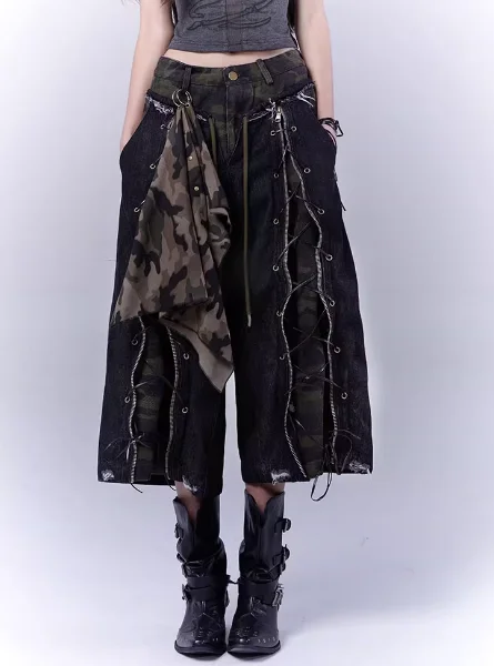 New Streetwear Harajuku Punk Gothic Hot Girl Black Denim Pants Hot Girl Workwear Camouflage Distressed Strap Seven Quarter Pants