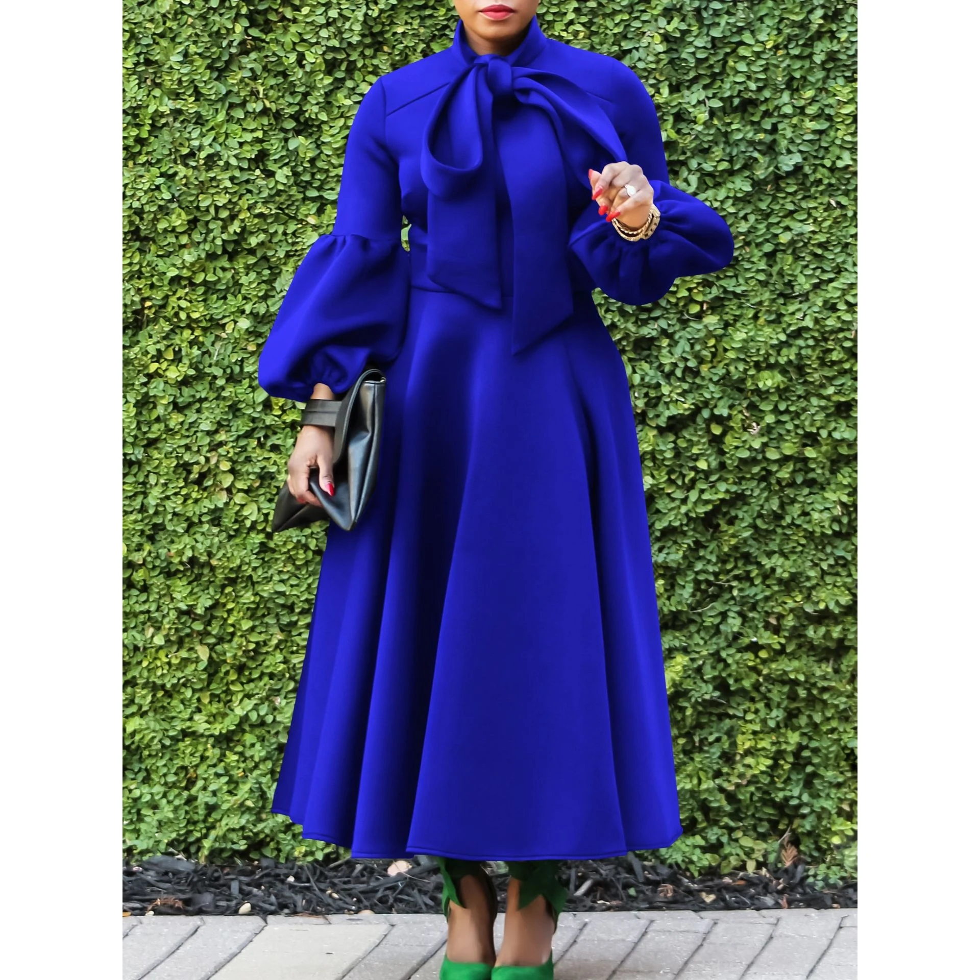 2024年春 ファッション ベルト付き ランタンスリーブ ハイウエスト ノット付き プラスサイズ マキシ丈 ロングスリーブ ポリエステル イブニングドレス