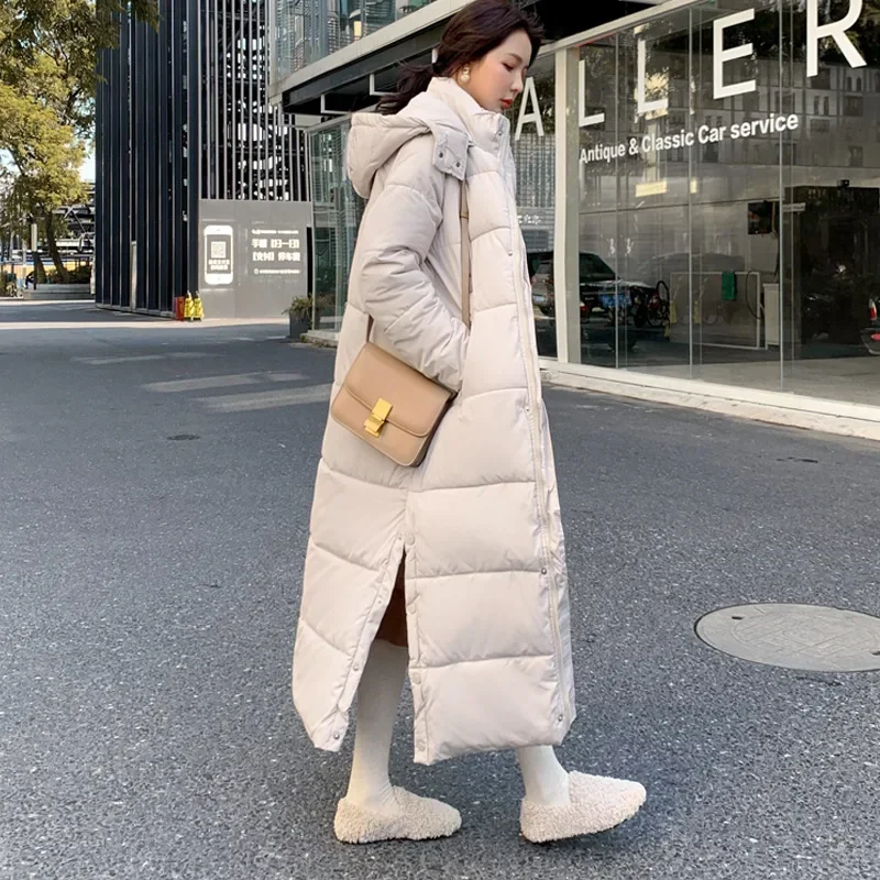 Chaqueta de algodón acolchada súper larga para mujer, Parkas coreanas por encima de la rodilla, abrigo de algodón grueso negro para invierno 2023