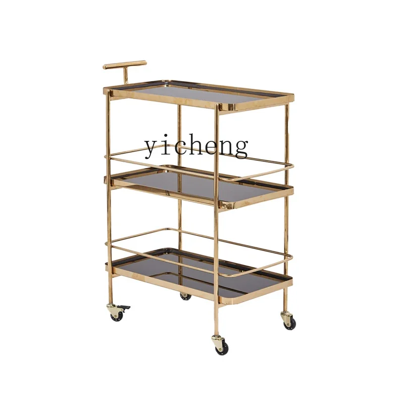 ZK stainless steel dining cart golden light luxury three-layer heightening small trolley restaurant hotel tea cart catering