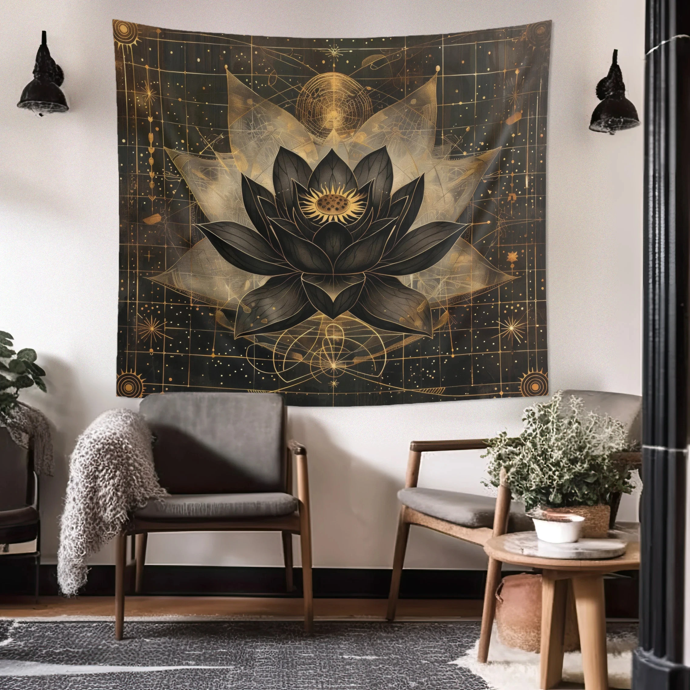 VIKAMA Black Gold Star Array Black Lotus Tapestry Mysterious Universe Background Cloth Zen Dark Living Room Room Decoration