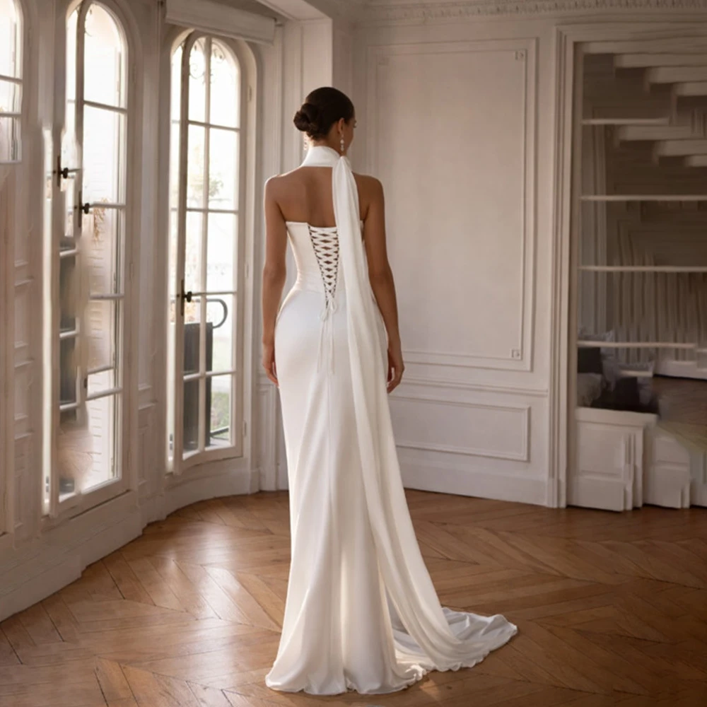 2026 Elegant Satin Sweetheart Mermaid Wedding Dress High Slit Halter Scarf Lace Up Back Bridal Gown Vestido De Novia Custom Size