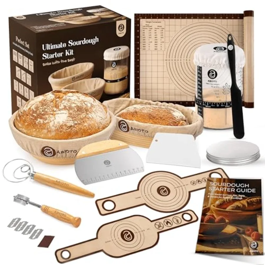 

Sourdough Starter Kit with 10" Round and 11" Oval Banneton Proofing Basket and 34oz Starter Jar - Beginner-Friendly Sourdough B
