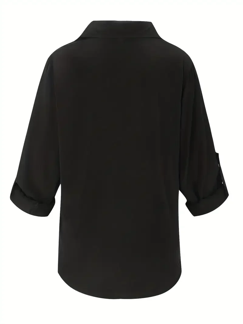 Plus Size 1XL-5XL Women's Casual V-Neck Solid Color Shirt Ladies Pockets Fashion Lapel Collar Blouse Shirt image 3