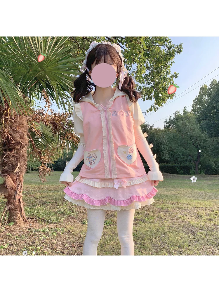 

Original Sweetheart Lolita Girl Cute Sweet Hoodie Half Skirt Set Japanese Kawaii Loli Student Set