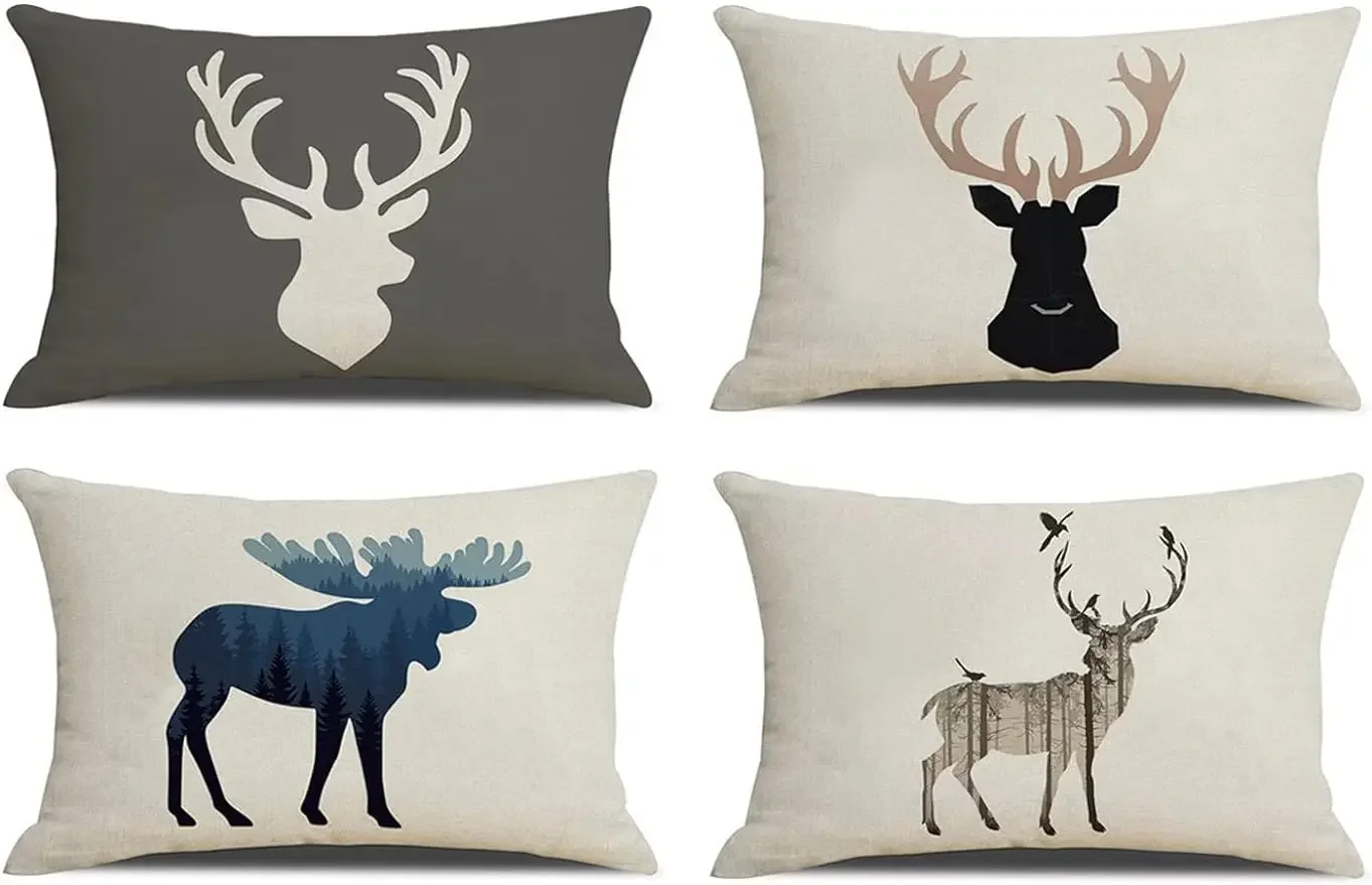 Pillowcase Elk waist pillowcase rectangular rectangular animal pillowcase linen decorative cushion cover sofa 30X50cm