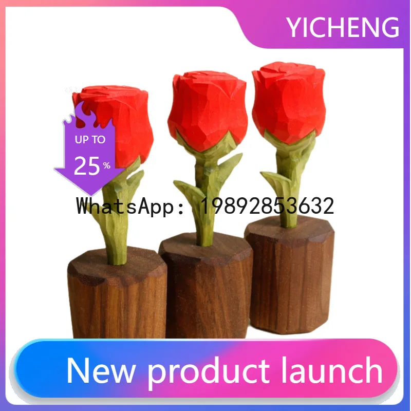 

PYJ Handmade Wood Carving Painted Rose Small Items Home Living Room Decoration Ornaments