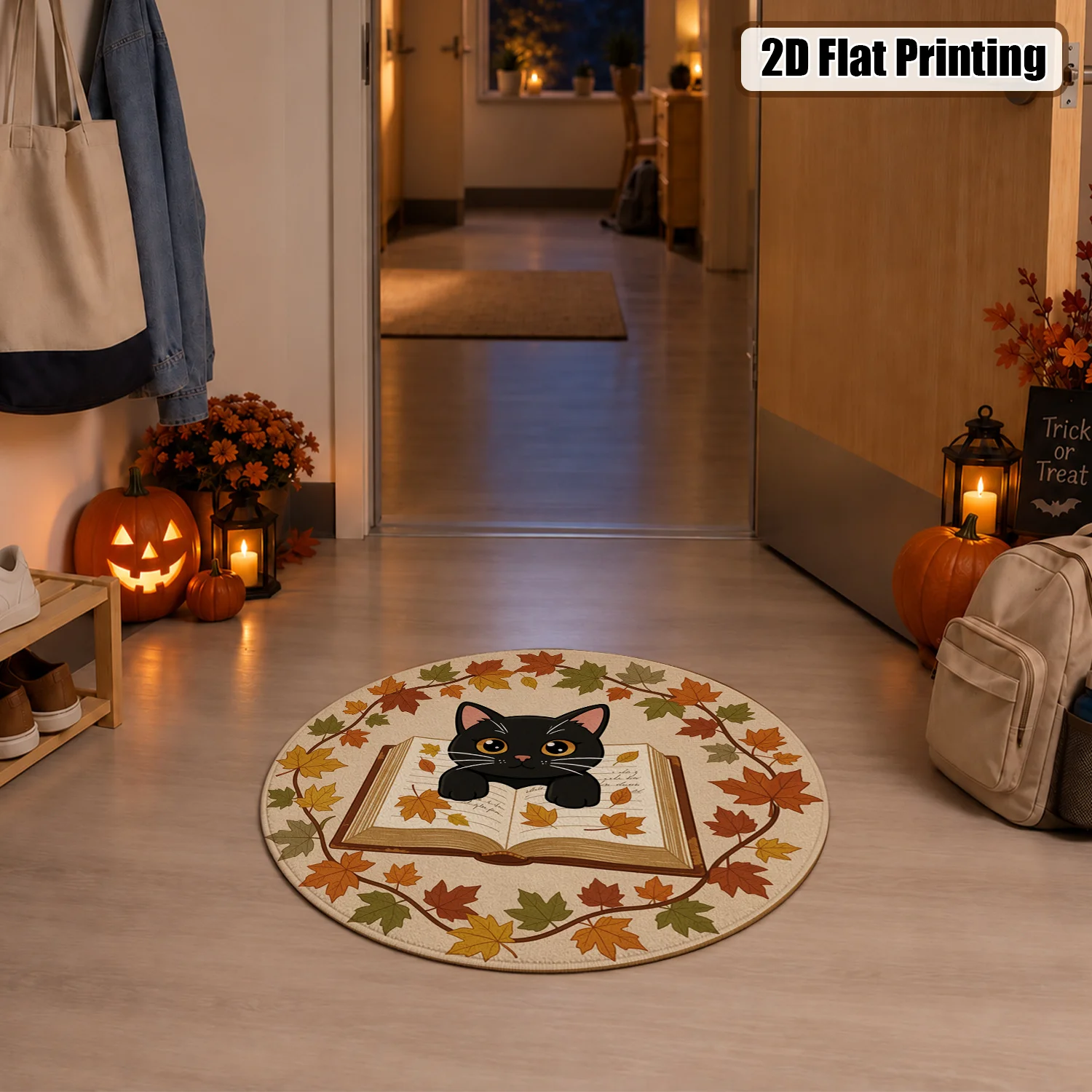 Autumn Maple Leaves Wreath Black Cat on Open Book Round Velvet Rug, Machine Washable Soft Floor Mat for Living Room Bedroom Entryway Halloween Thanksgiving Christmas New Year Black Friday Cyber Monday Home Decor