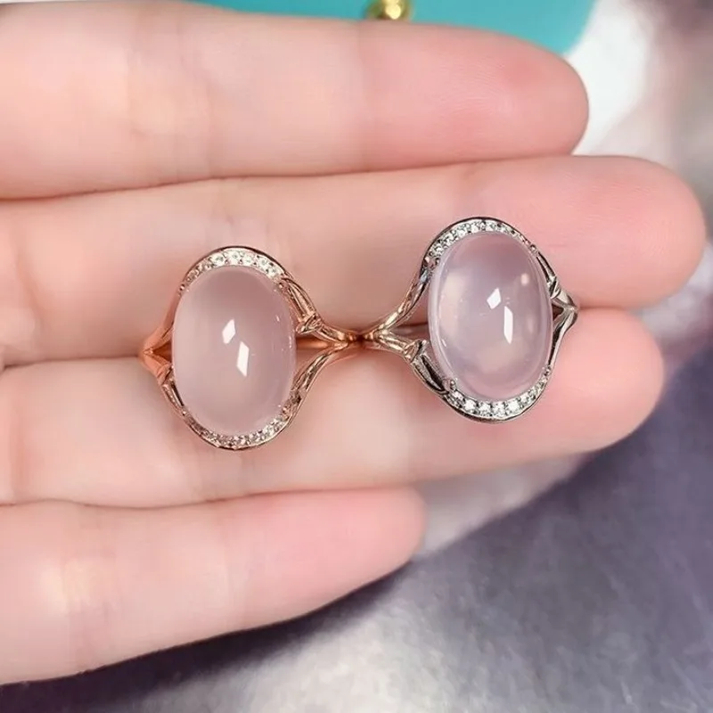 Classic new in Natural ice pale pink chalcedony rings for women exquisite transparent oval light luxury ring wedding jewelry