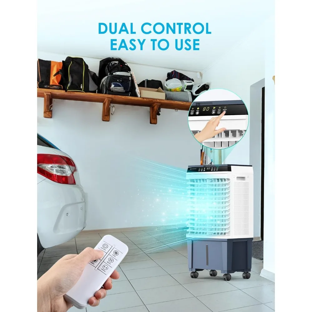 مبرد هواء تبخيري محمول، مبرد مستنقع 1800 CFM مع 6 صناديق ثلج وخزان مياه 5.3 جالون، 110 °   أرجوحة، جهاز تحكم عن بعد مطور