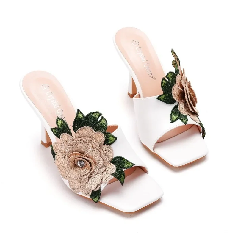 high heels for women sandals Square Toe Flower Slip On PU 9CM Thin Fashion Dress Sandals Women Shoes white slippers