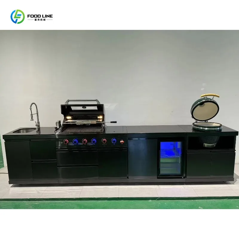 Customized Outdoor Kitchen Party 4 Burner Stainless Steel Gas Grill Durable With Trolley And Smoker Side Burner