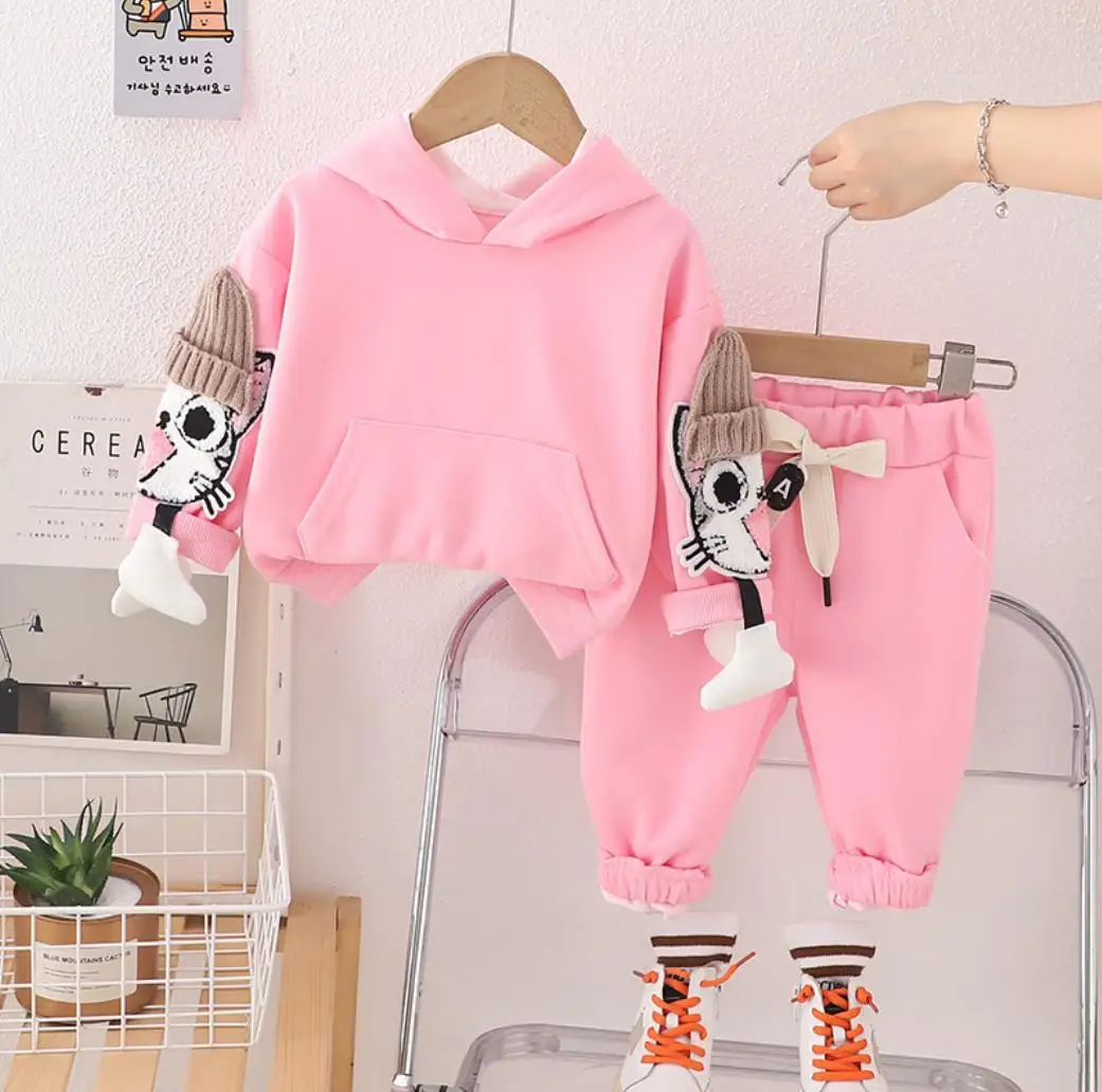 Fall Baby Girls Clothes Set Designer Children Cartoon Cat Long Sleeve Hooded Sweatshirt+Pants Two Piece Outfits Kids Tracksuits