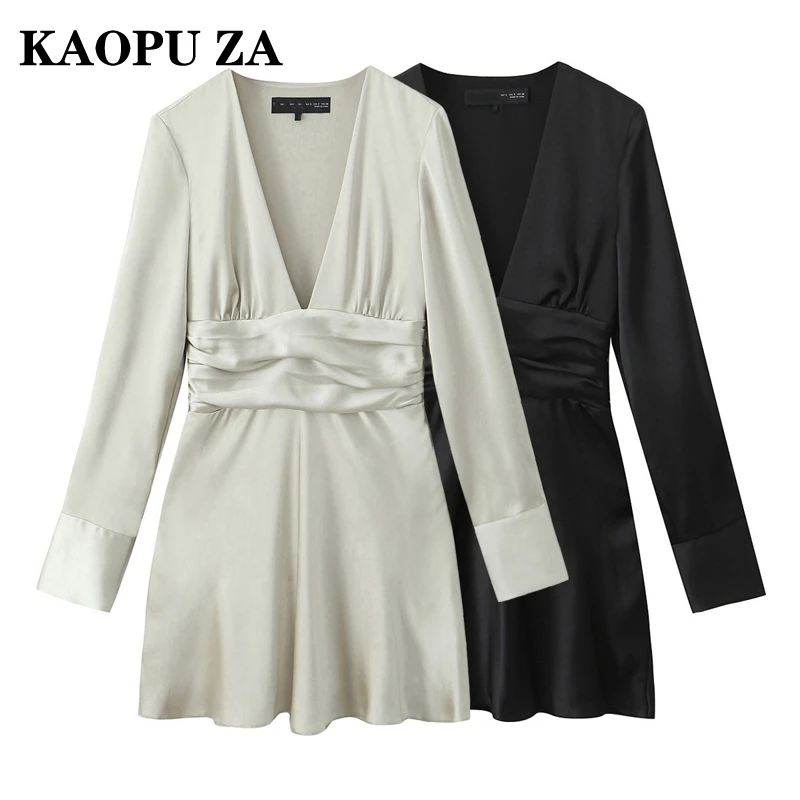 KAOPU ZA Women 2024 New Summer Casual Dress V-neck long Sleeve Pajama Style Dresses Sexy Loose Fit Mini Robe