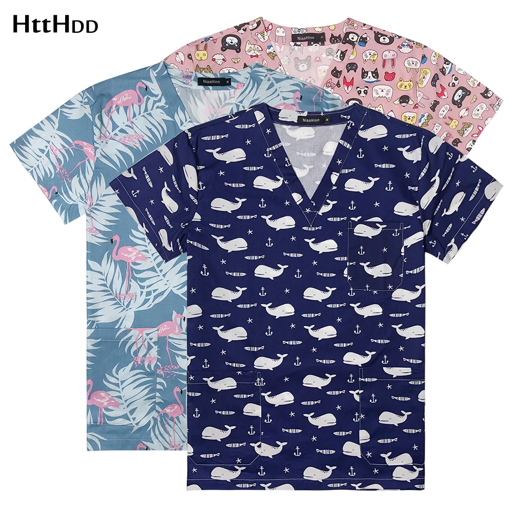 

Lab Coat Wholesale Cartoon Printing Scrubs Top Unisex Short Sleeved Women Dental Clinic Hospital Doctor Work Clothes Cotton Mens