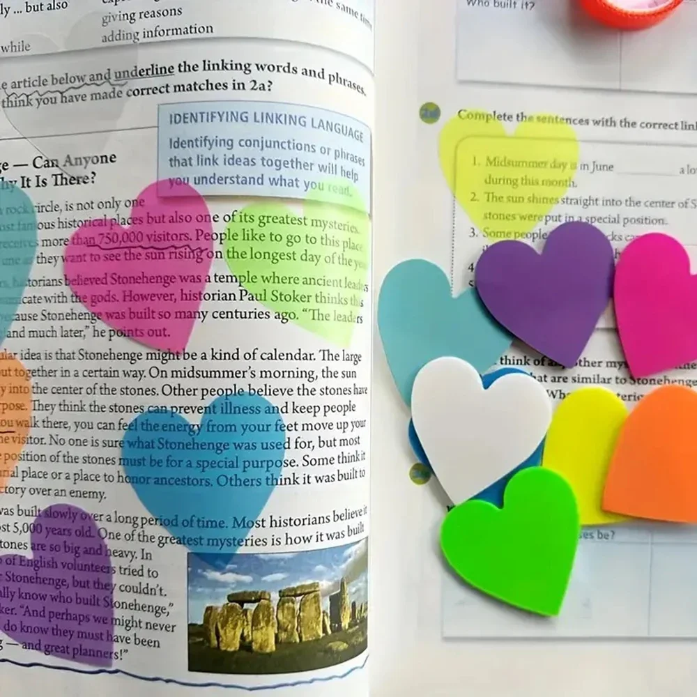 160 hojas de notas adhesivas transparentes de Color fluorescente con corazón de amor, Bloc de notas, pegatinas para planificador, papelería,