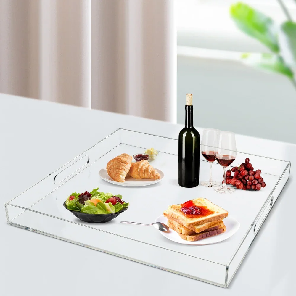 Bymaocar Transparent Acrylic Square Waterproof Serving Tray Small Floor Area W/ Handles for Food, Appetizers, Coffee, Beverages