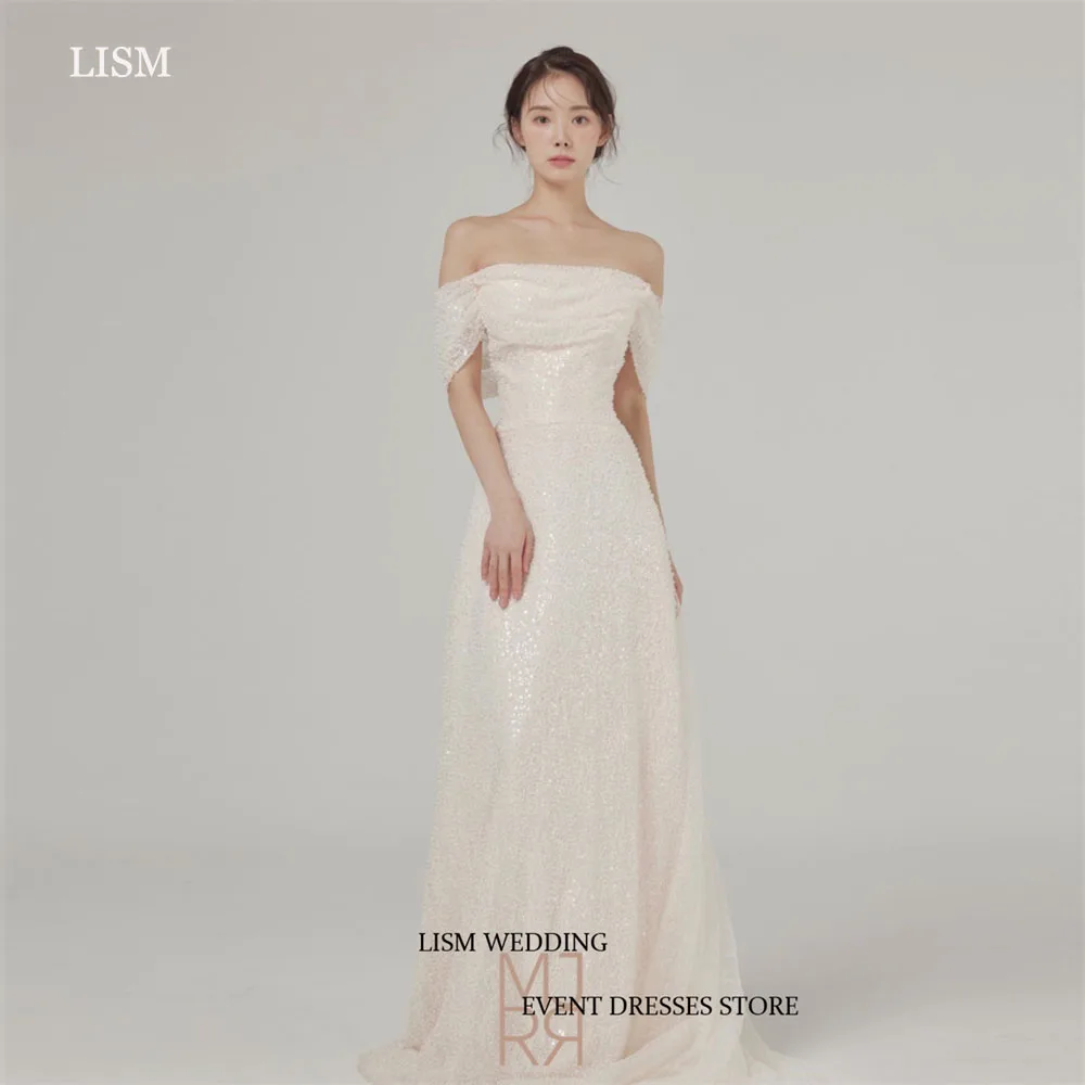 LISM 2024 Sparkly Off the Shoulder Korea Wedding Dresses Glitter Boat Neck A-Line Floor Length Shiny Party Bride Gowns