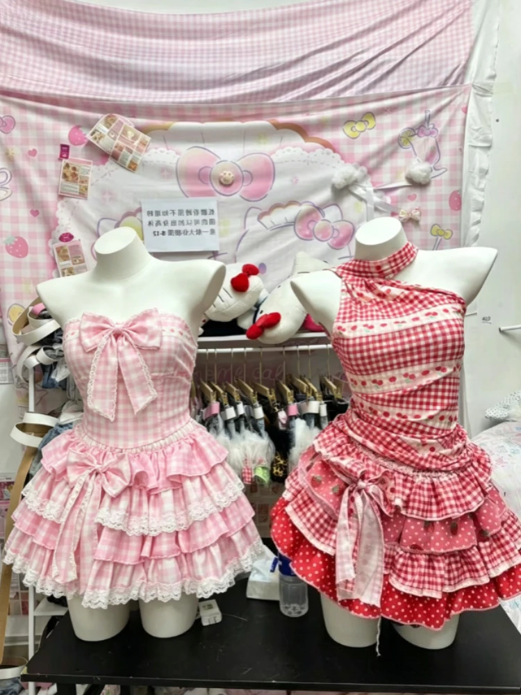 Y2k Kawaii Lolita Strawberry Pattern Frill Punk Cake Skirt Japanese Mini Skirt Women Lovely Bow Korean Daily Fashion Outfit