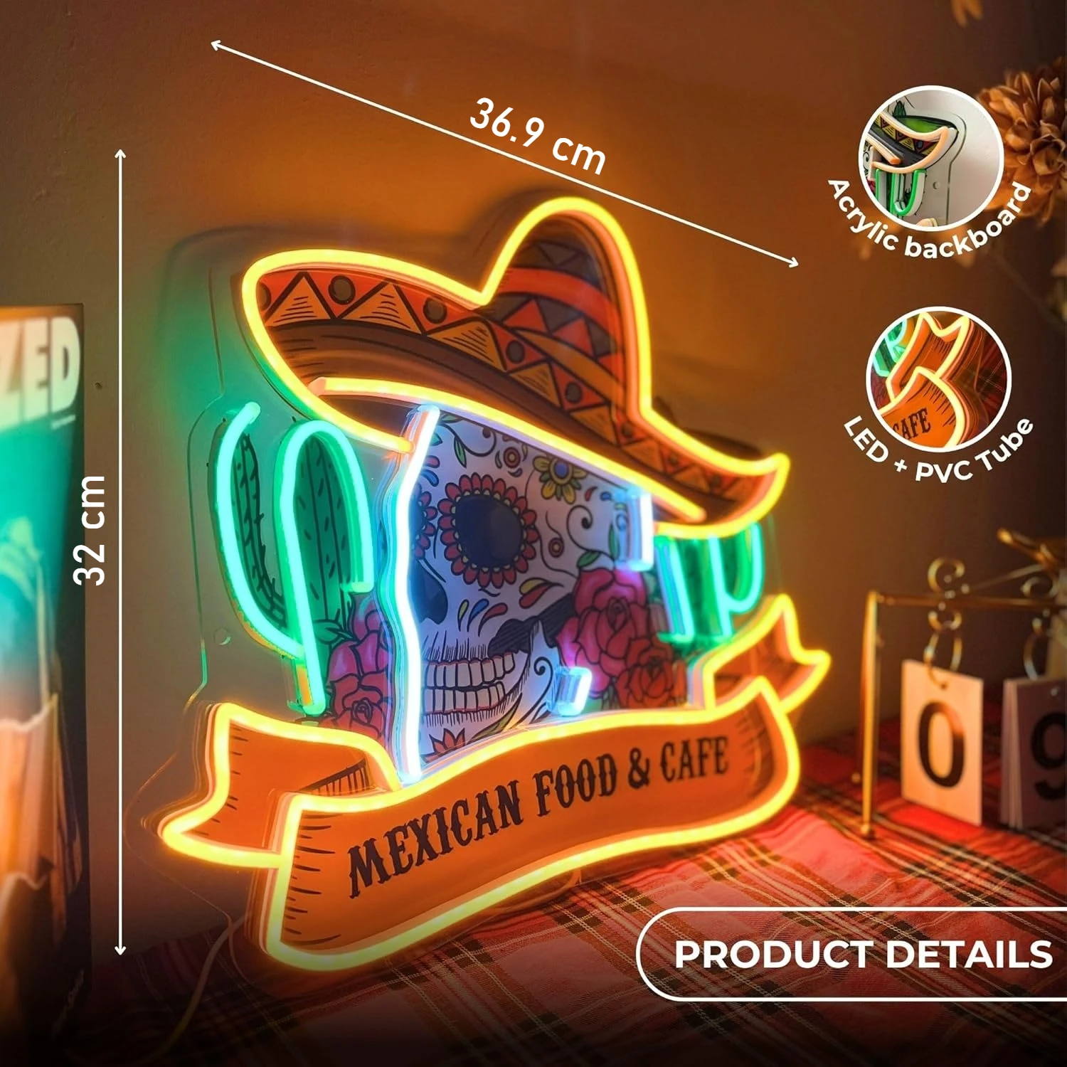 Mexican Food Cafe Neon Light Dimmable Sugar Skull Wall Art Night Light for Cantina Bar Restaurant Fiesta Men Cave Decor LED Sign