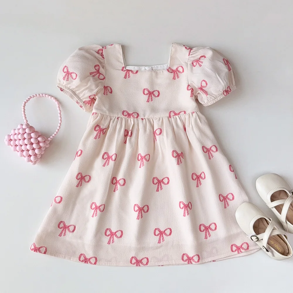 Korean Version Cute Bow Print Princess Dress Summer Short Sleeves Pink Girls Clothes 3 To 7 Years New Kids Clothes Casual Wear