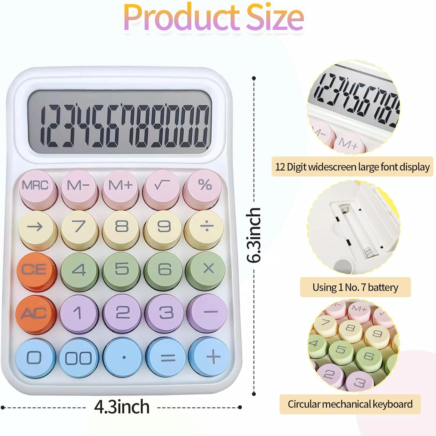 Cute Colored Electronic Calculator, Calculator Desktop, 12 Digits Display and Large Round Buttons, Cute Calculator for Office, S