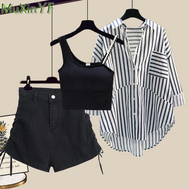 Summer Women's Clothing Set 2023 Korean Lady Casual Loose Stripe Shirt Black Vest Denim Short Pants Outfits Student Streetwear