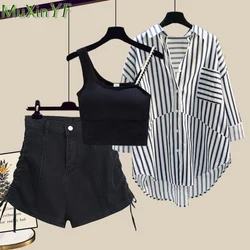 Conjunto de ropa informal de verano para mujer, camisa holgada a rayas, chaleco negro, pantalones cortos de mezclilla, trajes de calle para estudiantes, 2023