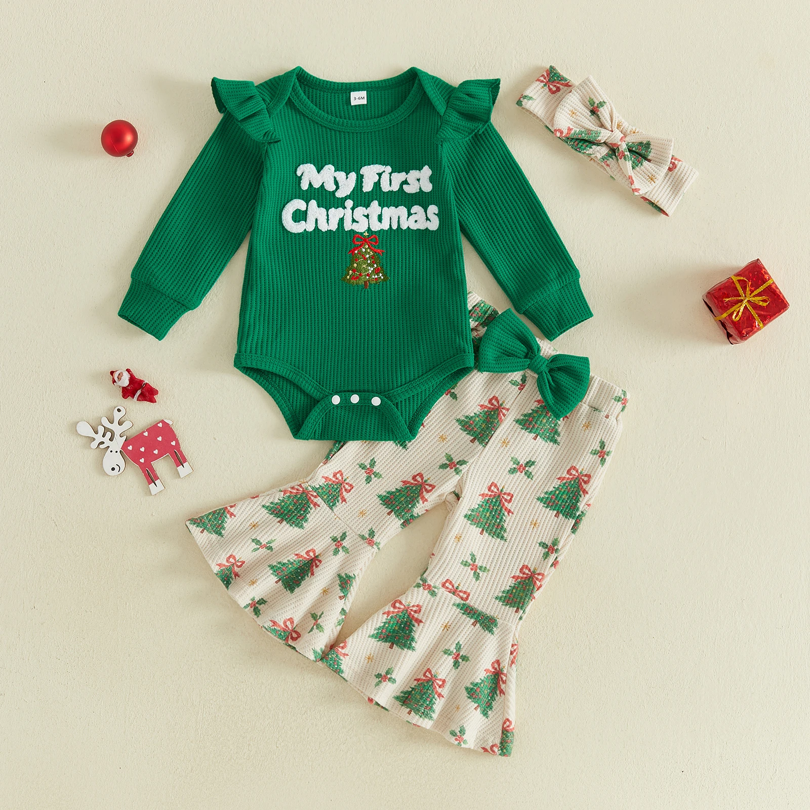 0-18Months Infant Baby Girl Christmas Outfit Embroidered Romper Printed Flare Pants &Headband 3pcs Sets