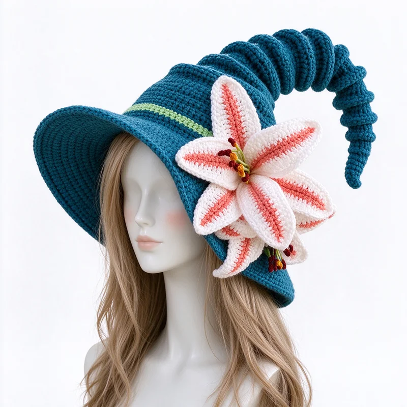 Handmade Colorful Pointed Witch Wizard Hat Custom Crochet Plush Floral Decor Beanie Women Cosplay Party Festival Photo Prop Caps