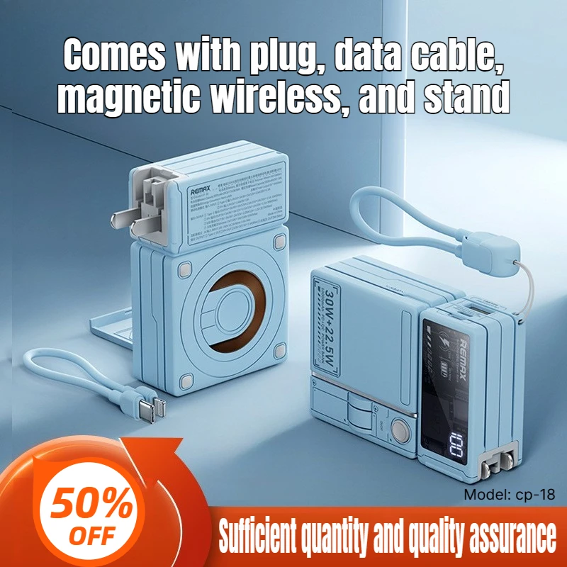 Multi-functional 10000mAh Magnetic Wireless Power Bank with Plug, Built-in Cable Fast Charging Power Bank