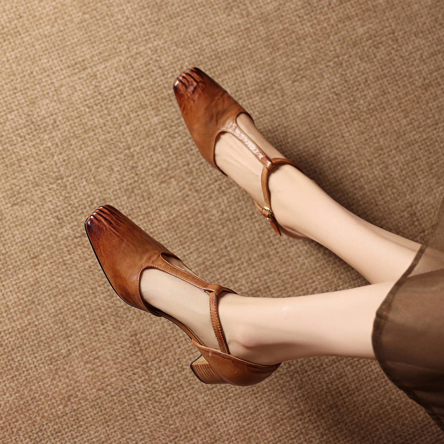 2026 new summer women sandals natural leather 22-25cm washed cowhide+sheepskin square toe t-buckle high heel women shoes fashion