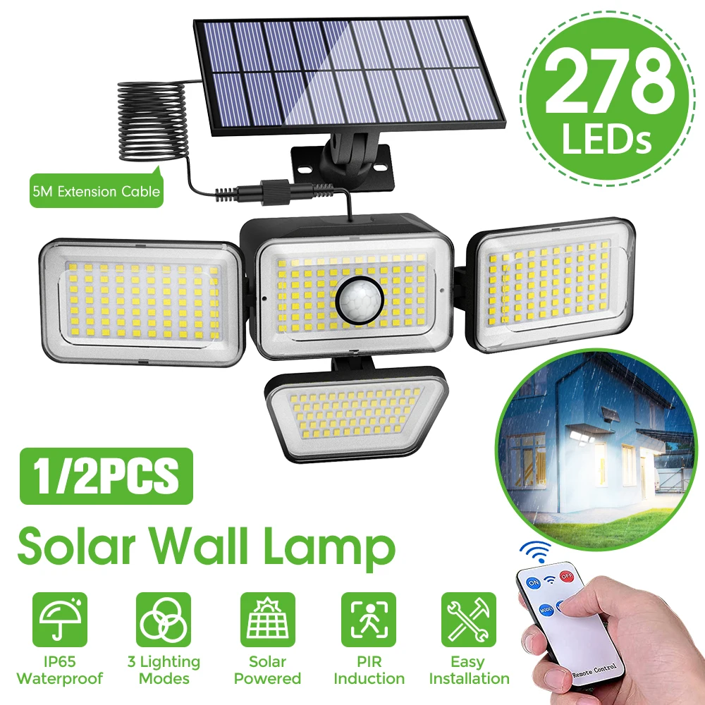 

Solar Lights Outdoor Wall Lamp PIR Motion Sensor 164/250/278 LED Adjustable 4 Heads Flood Lamps Garden Yard Street Light