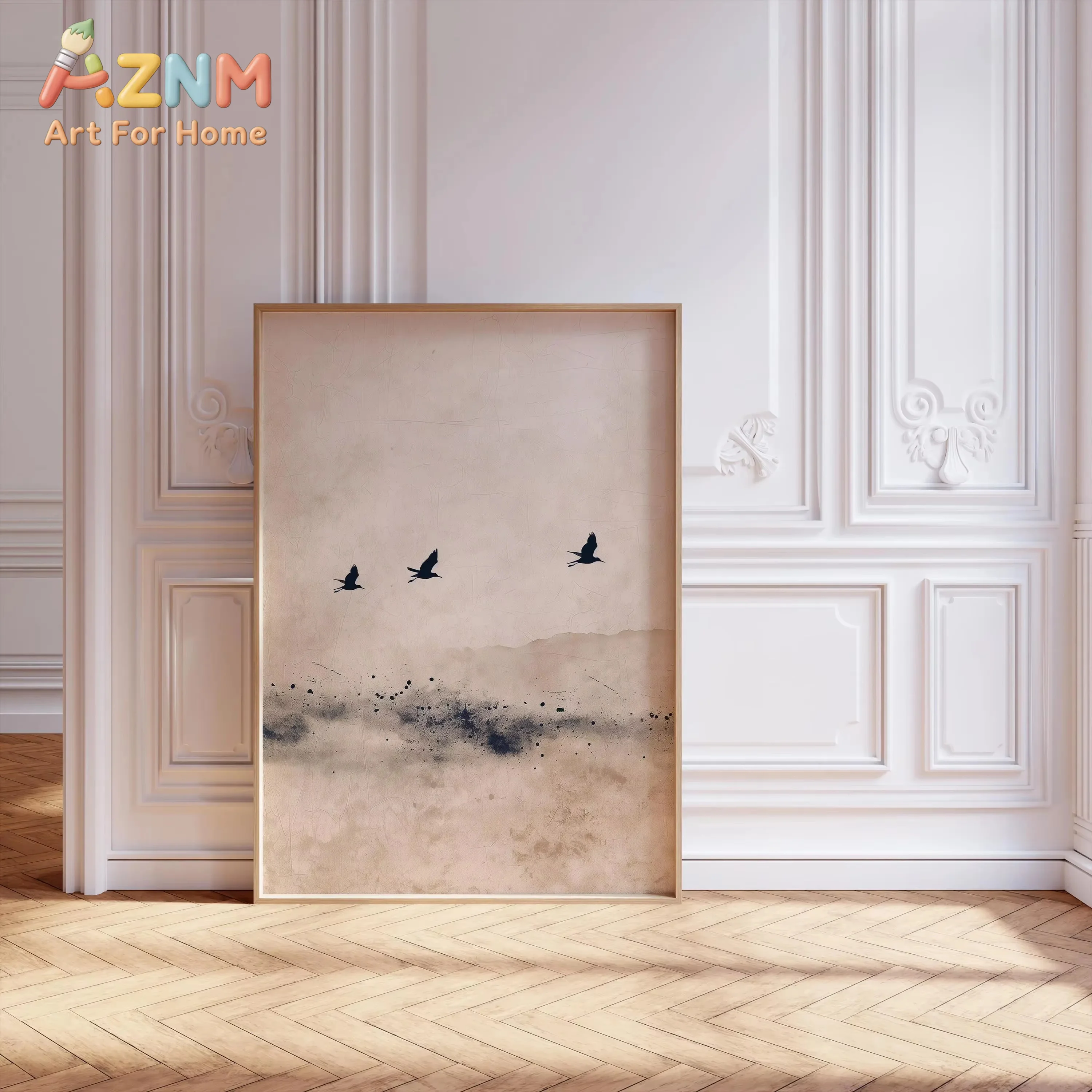 Japanese Wall Art Print Japandi Poster Neutral Minimalist Art Print Minimalistic Decor Print Orange Sun and Green Sea Scene Art