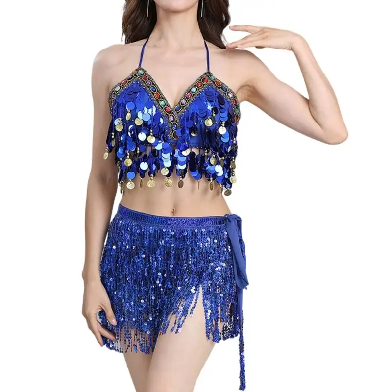 39BD Zweiteiliges Bauchtanz-Outfit für Damen, Pailletten-Fransen-Bauchtanzrock und Top-Set – Detail 7