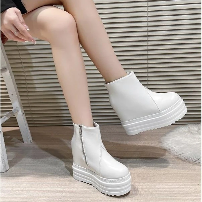 12CM High Heels Autumn Winter Inner Height-increasing Women's Boots Waterproof Platform Ladies Thick-soled Wedge Ankle Booties