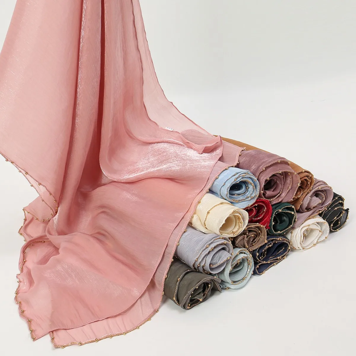 

Light Luxury Pearl Gold Edge Chain Island Silk Long Scarf Women Headscarf Multi Color Versatile Summer Sun Shawl Scarf
