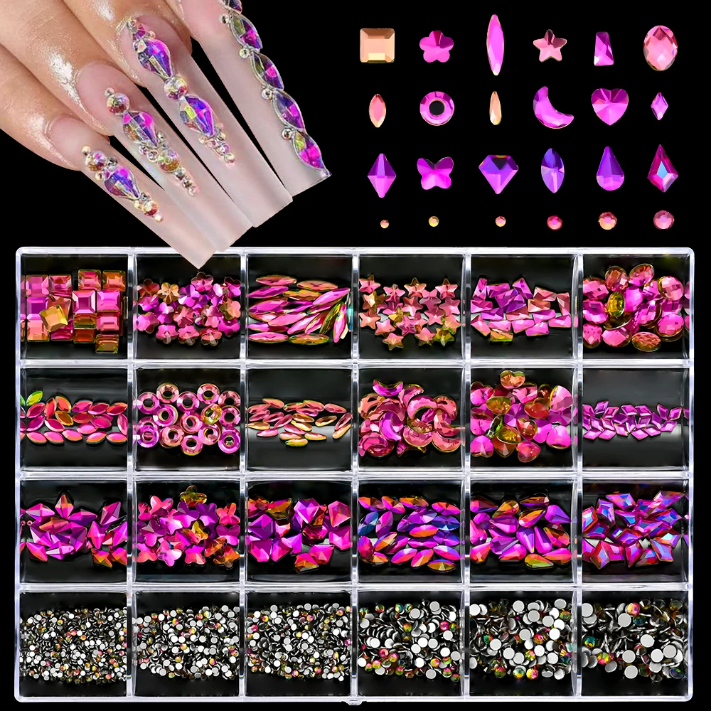 

24Gird/Box Multi Size AB/Colorful Hotfix Nail Rhinestones Flatback Crystal Diamond Gems 3D Glitter Nail Art Luxury Decorations