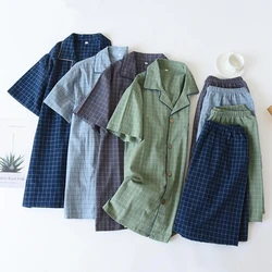 1 Set Pajama Set Soft Short Sleeve Casual Thin Comfortable Sleeping Wear Cotton Grid Print Men Homewear Daily Clothing