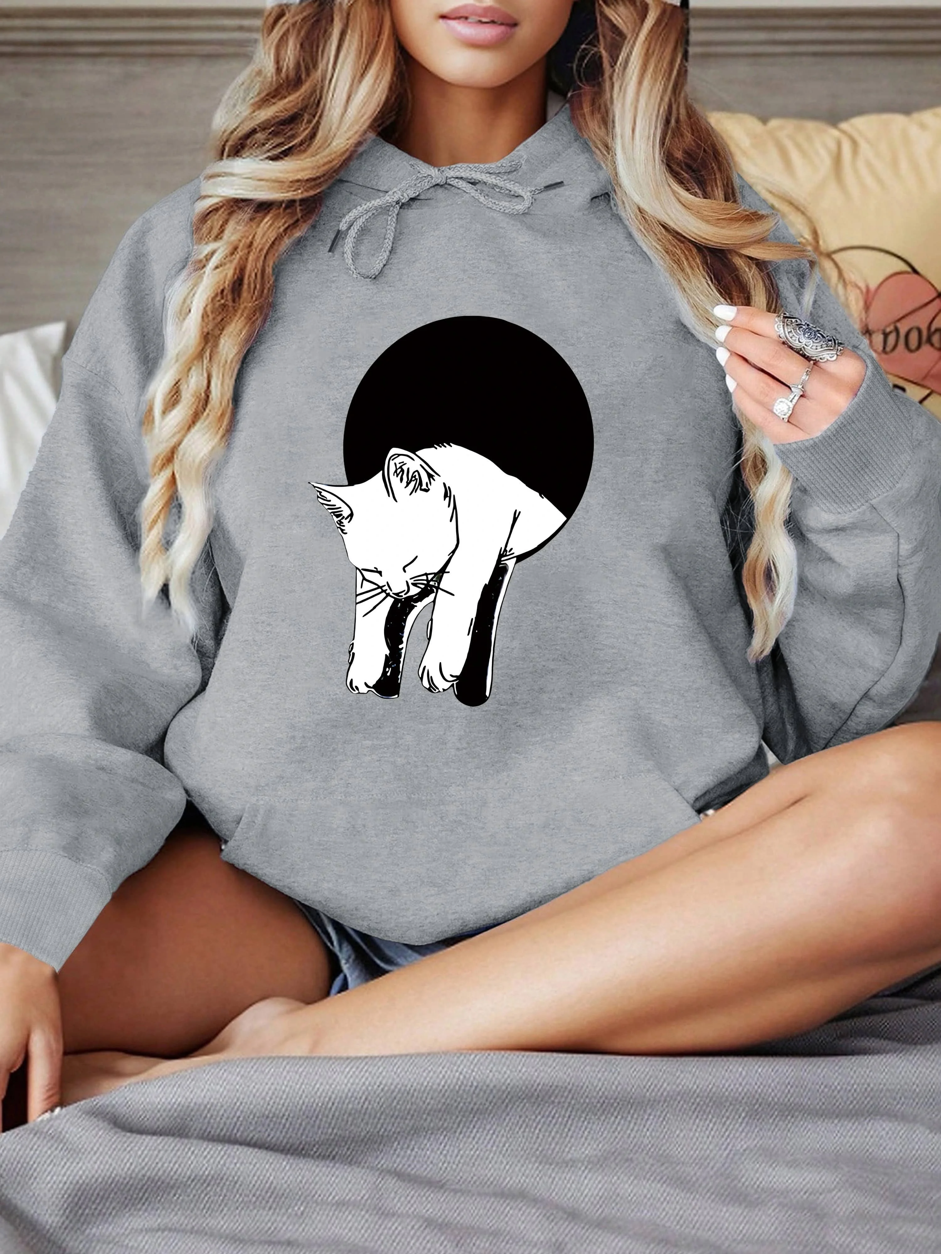 

Женская толстовка с капюшоном Cute Lazy Cat с 2D принтом, осень/зима 2022, повседневная женская одежда с длинными рукавами, толстовка, одежда
