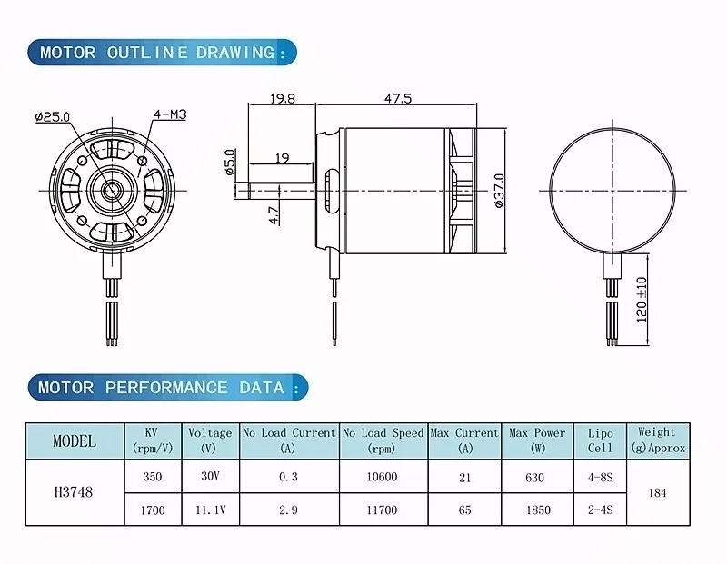 2-8S model aircraft 50KG electric scooter balance car 3748 brushless motor 350KV 1700KV motor