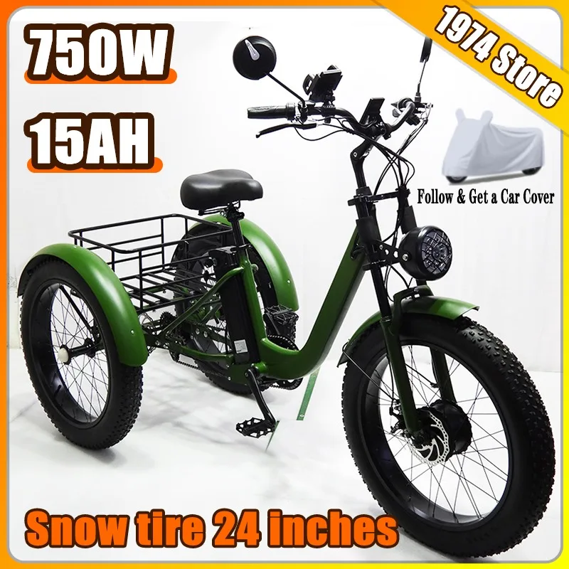 

Электрический велосипед со съемной батареей, 3 колеса, максимальная нагрузка для отдыха, 200 кг, электрический трикуль, грузовой электронный велосипед для взрослых, 24 дюйма, толстая шина, 750 Вт, 48V15AH