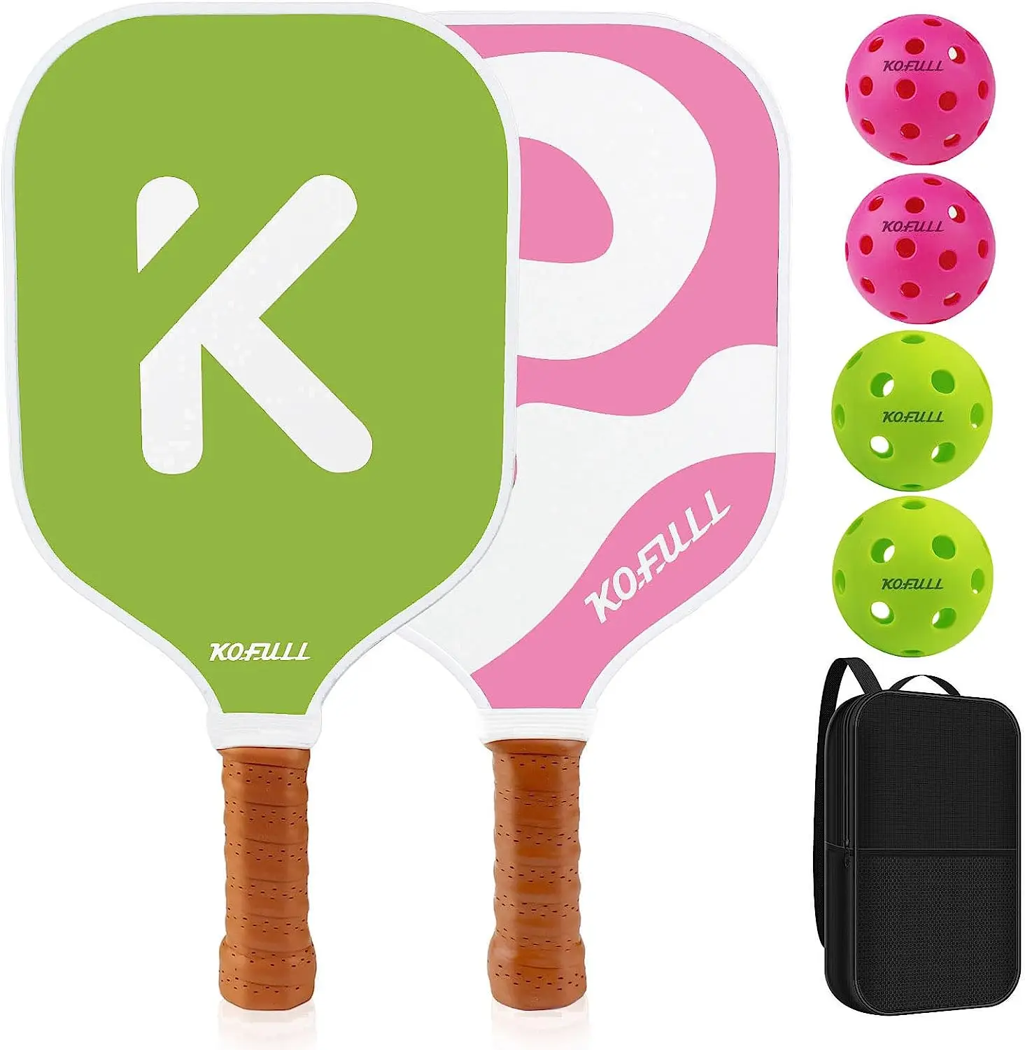 Pickleball Paddles Set of 2 Fiberglass Surface 2 Pickleball Rackets with 4 Balls and 1 Portable Carry Bag for Men Women Beginner