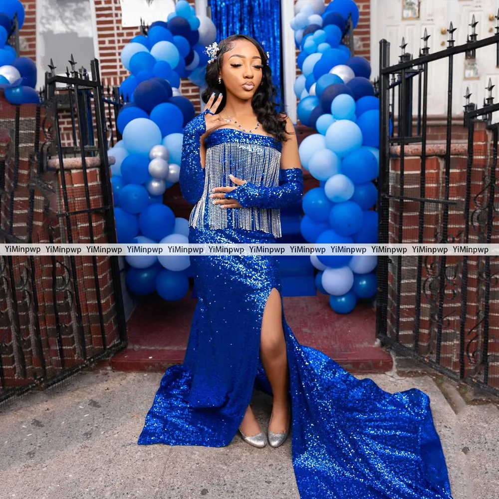 Afrikanische Pailletten Party Abendkleider Frau Quaste Meerjungfrau Side Split Elegante Luxus Sweep Zug Blau Ärmellos Angepasst