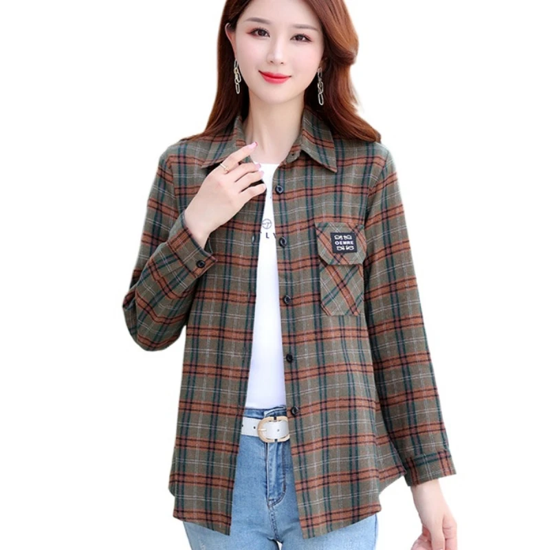 

New Woman‘s Blouses Cotton Loose Fit Shirt Female Plaid Shirt Women Casual Long-sleeved Soft Long Tops Oversized XL-5XL Blouse