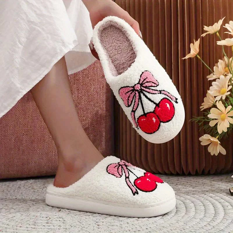 

Casual Fluffy Slippers Women House Bowknot Cherry Luxury Designer Shoes Ladies Winter Platform Indoor Fur Footwear Elegant Cute